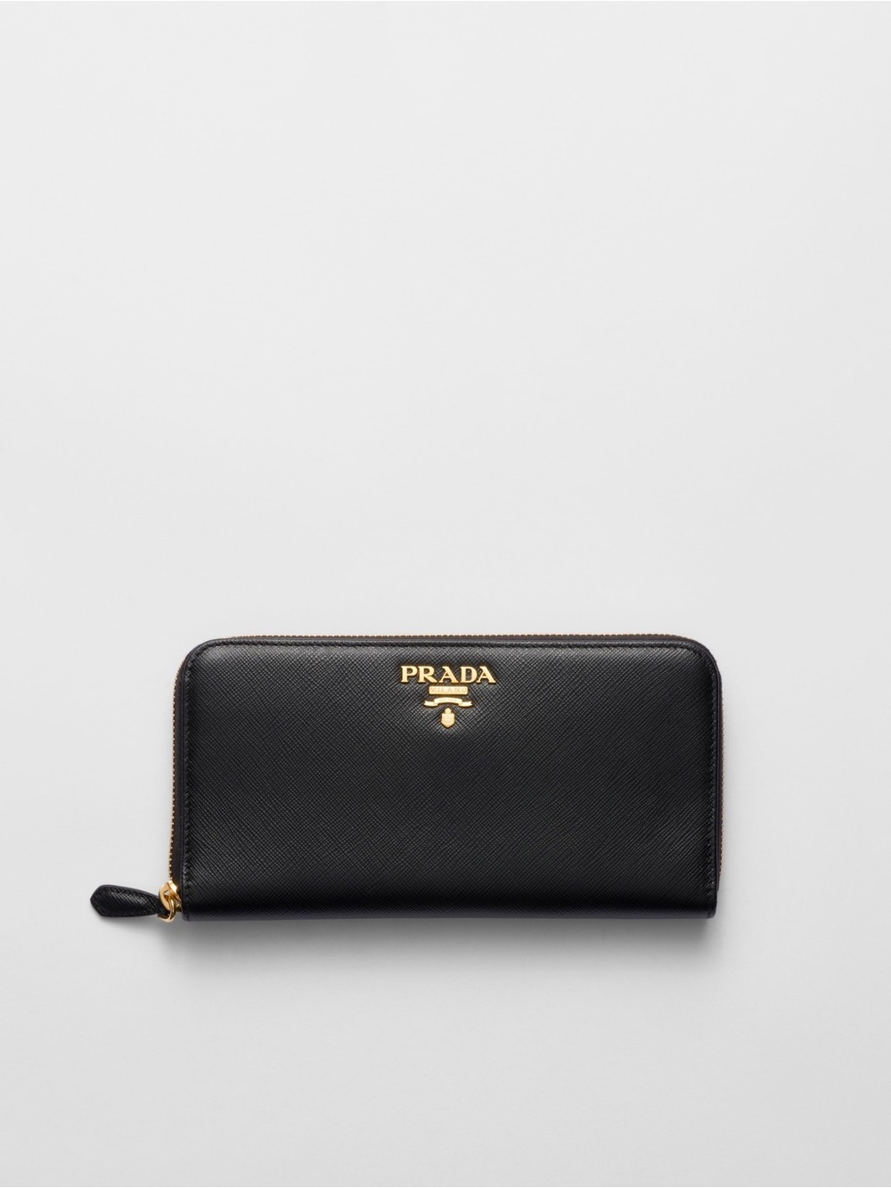 Prada Black Saffiano Zip-Around Wallet with Gold Logo